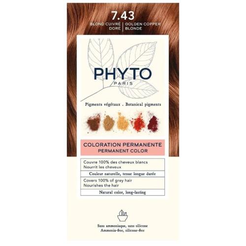 Phyto Permanent Hair Color Kit Μόνιμη Βαφή Μαλλιών με Φυτικές Χρωστικές, Χωρίς Αμμωνία 1 Τεμάχιο - 7.43 Ξανθό Χρυσοχάλκινο
